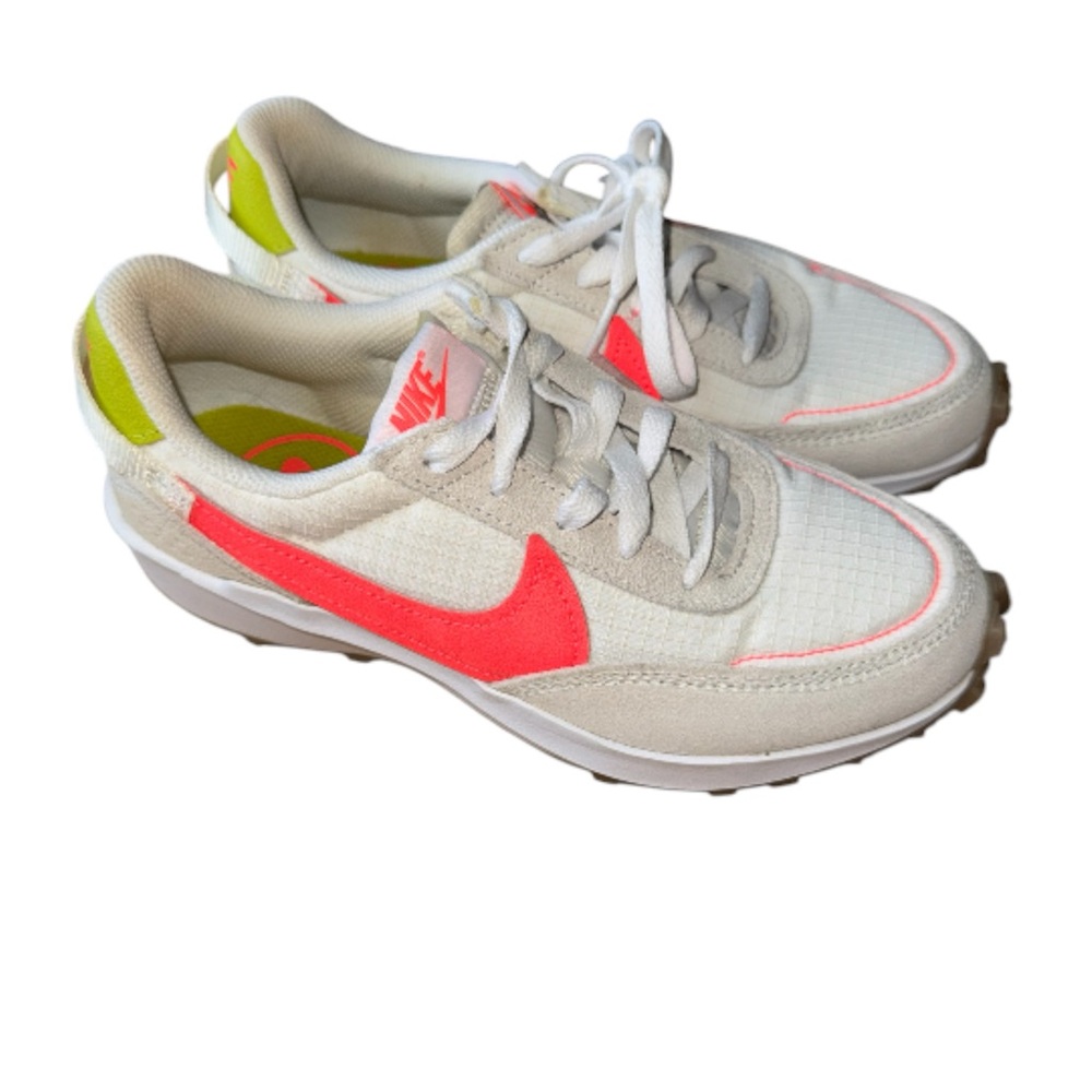 Nike Women's White Sneakers with Coral Swoosh and Lime Accents